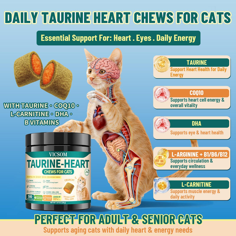 Taurine for Cats + L-Lysine for Cats Bundle, CoQ10 Heart, Eye & Nose Comfort Support, 500 Crunchy Chicken Chews with Omega-3 & L-Carnitine + 60 mL Cat Lysine Liquid Drops