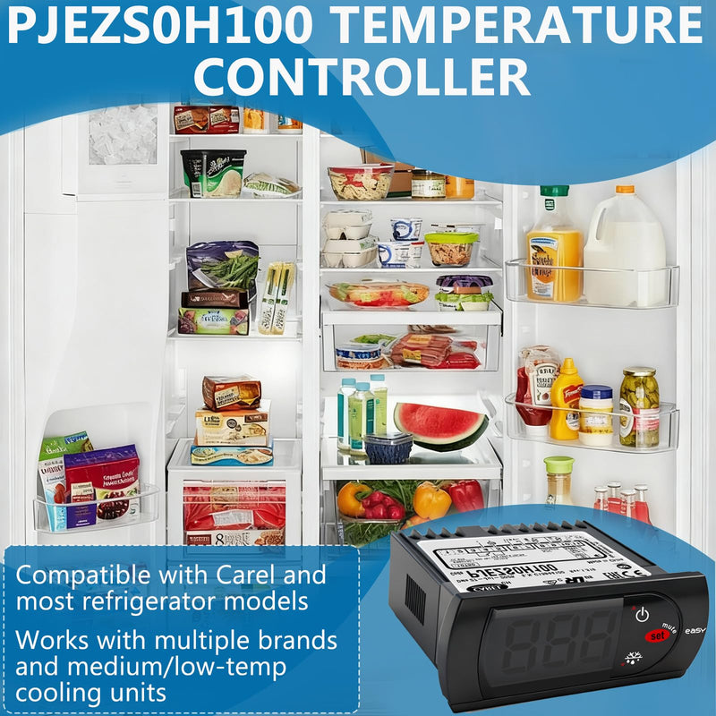 PJEZS0H100 Temperature Controller Compatible with Carel and All Refrigerator Types, 115V Digital Thermostat with Temperature Sensor Probe, Mounting Hardware and Instructions PJEZS0H100