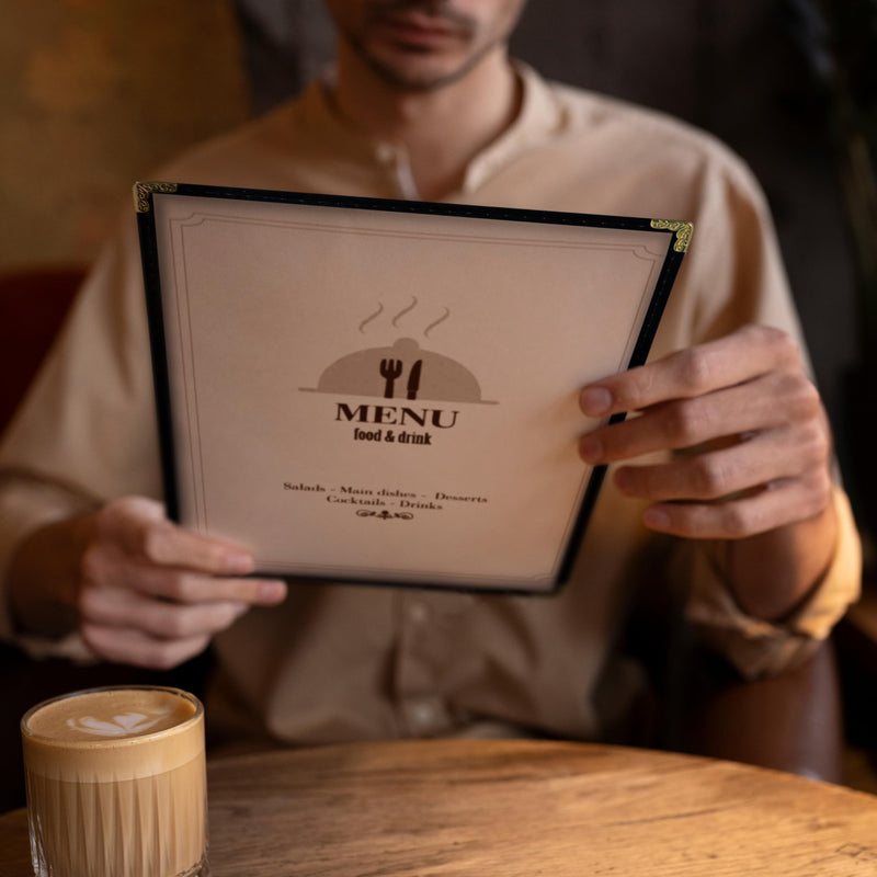 25 Restaurant Menu Covers 8.5'' x 11'', Single Pocket Menu Holder with Golden Corners