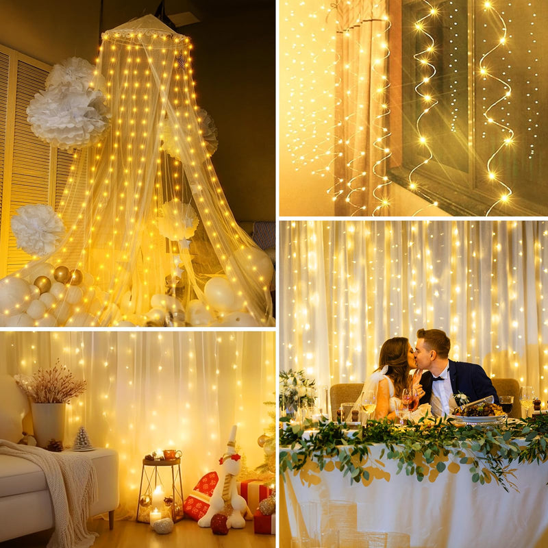 Minetom Curtain Lights, 300 LED Dimmable Fairy Lights with Remote and Timer, 8 Modes, USB Powered String Lights for Room Wall Party Xmas Indoor Decor, Warm White 1 Pack