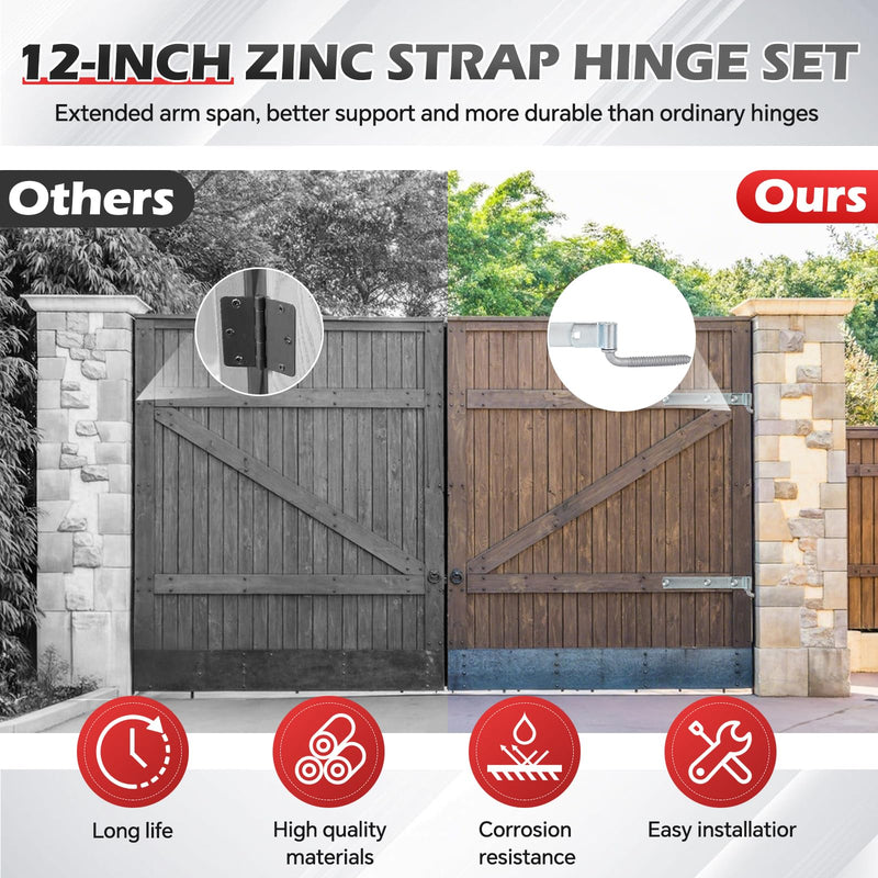2 Packs 12'' Zinc Strap Hinge for Gates, Heavy Duty Gate Strap Hinge Zinc Plated with L-Screw (M16 × 101mm) for Barns Tool Sheds and Other Swing Doors, Galvanized (2) L-shape-2pcs