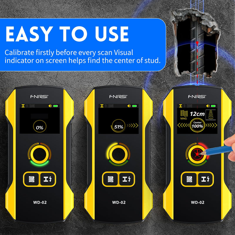 Stud Finder Wall Scanner - FNIRSI Upgraded WD-02 TFT Display Electronic Stud Detector with HPC Chip, Wall Scanner with Positioning Hole for Center and Edge of Wood AC Wire Metal Studs Joist Pipe