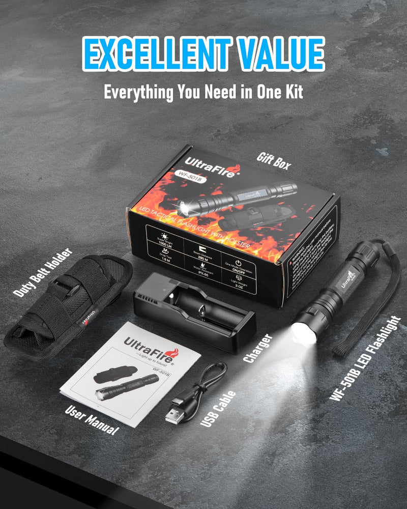 ULTRAFIRE Tactical Flashlight with Holster, Single Mode LED Flashlight 1000 High Lumen Duty Flashlights with Belt Holster and Charger, Bright Small Flash Light WF-501B