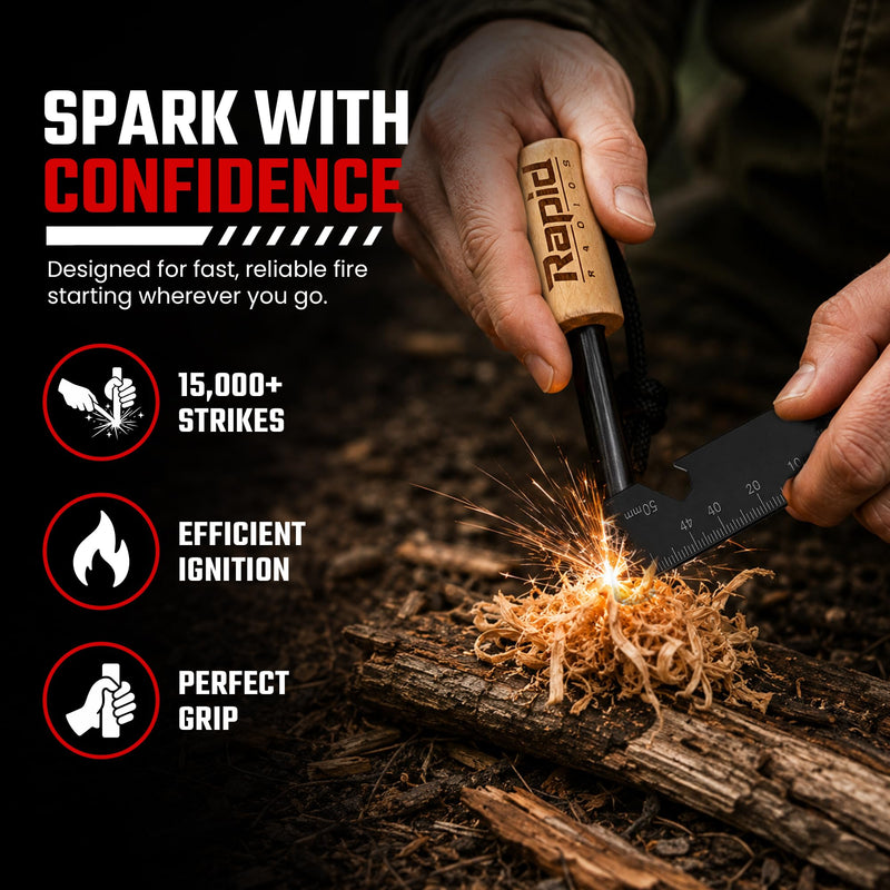 Rapid Radios Fire Starter Kit | Ferro Rod Fire Starter with Striker, Wax-Coated Tinder & Waterproof Storage | Survival Fire Starting Kit for Camping, Hiking, Hunting & Emergency Preparedness