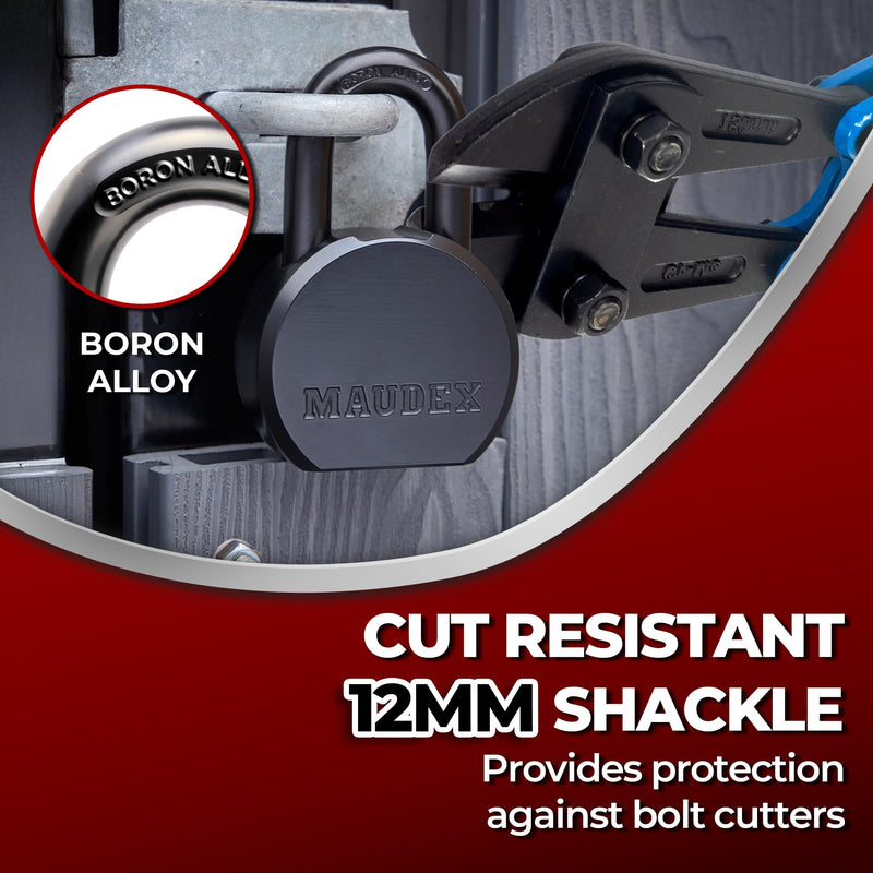 Maudex® PML65 Professional Grade Padlock - High Security with Boron Alloy Shackle, All-Weather Protection, 5 Brass Keys. for Storage Units, Gates & Commercial Security 65 mm Normal Shackle Black