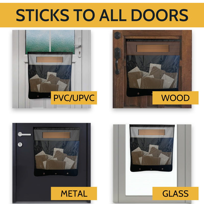 Slimline Mail Slot Catcher, Post Letter Box Cage Ideal for UPVC, Glass, Wood and Metal Doors. Strong Adhesive Letters, Small Packages, Magazines. No Screws or Tools Required Black Transparent