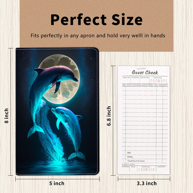 Server Book for Waitress,Leather Waitress Book Organizer with Zipper Pocket Waiter Book Server Wallet Fit Server Apron and Guest Check Books for Servers Waitress Notepad,Cute Dolphins and Moon Cute Dolphins and Moon