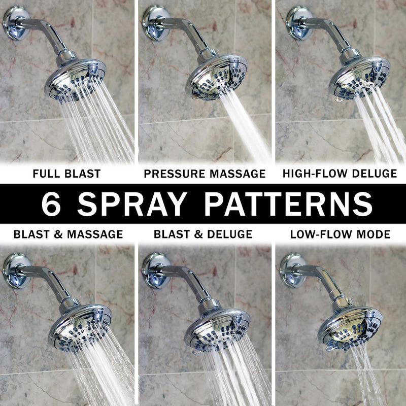 6 Function Adjustable Luxury Shower Head - High Pressure Boosting, Wall Mount, Bathroom Showerhead For Low Flow Showers, 2.5 GPM - Chrome