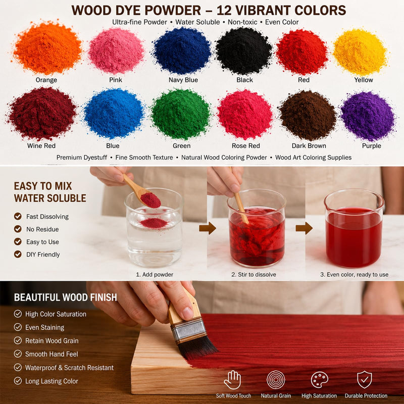 GOODTAKE 5 Colors Concentrated Wood Stain Powder in Jars | Includes Purple, Rose Red, Navy Blue, Green, Black | Long-Lasting Supply for Crafts, Furniture | Just Add Water to Activate 2 oz. Per Color
