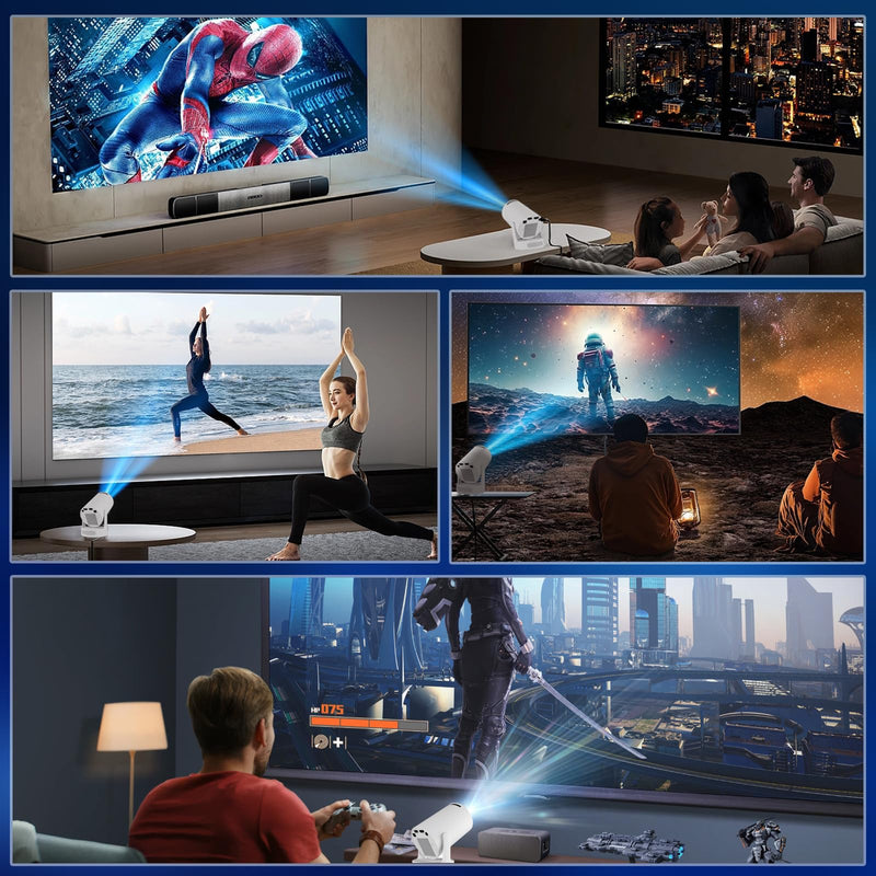 Mini Projector 4K support with Dual-Band WIFI6 5G Wireless 5.4 Bluetooth Android 11, Soundbase Speaker, Auto Vertical Keystone 180°Rotatable Portable Projector for Home Bedroom Outdoor White