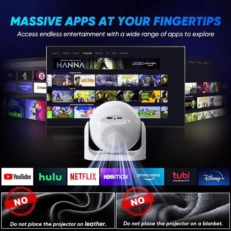 Mini Projector with WiFi and Bluetooth Auto Focus & Vertical Keystone Smart Portable Projector Android 13 with Built in Apps 1080P HD 4K Support w/ HDMI/USB Supported Home Movie Projector (White) White