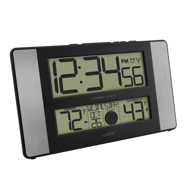 La Crosse Technology 513-1417AL-INT Atomic Clock w Outdoor Temp, Grey/Black Modern 6.75-inch x 11.1-inch x 1.14-inch Silver