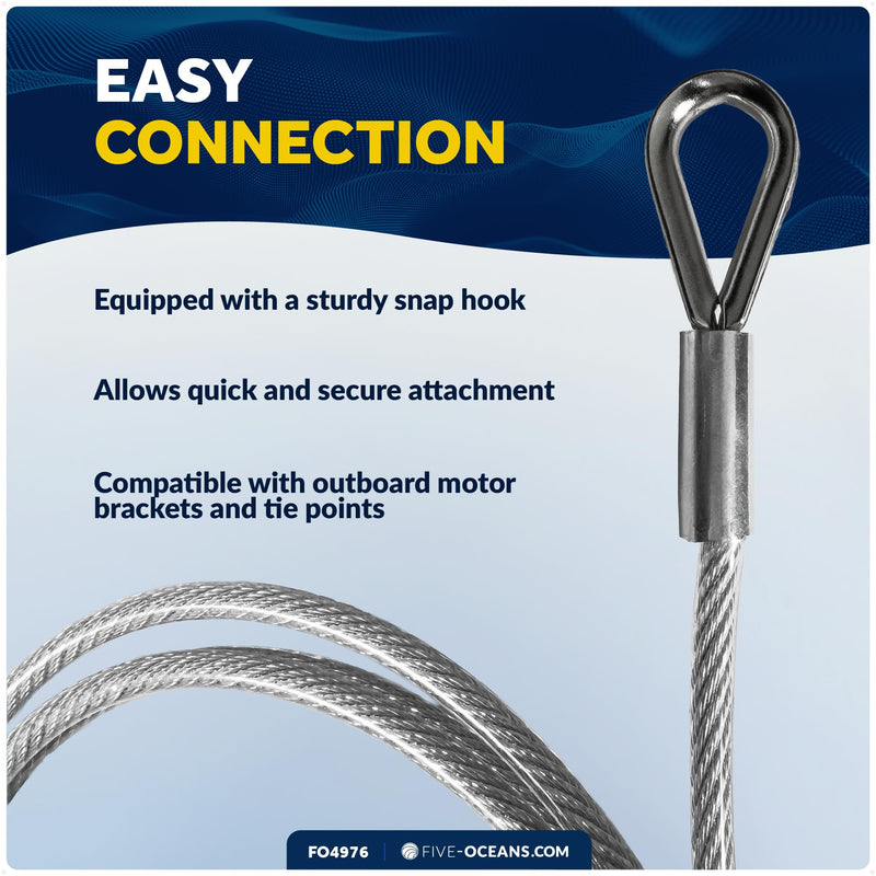 Five Oceans 4 Ft Outboard Safety Cable 3/16" with Snap Hook - Vinyl-Coated Steel - Security Cable for Boat Engine Brackets - FO4976