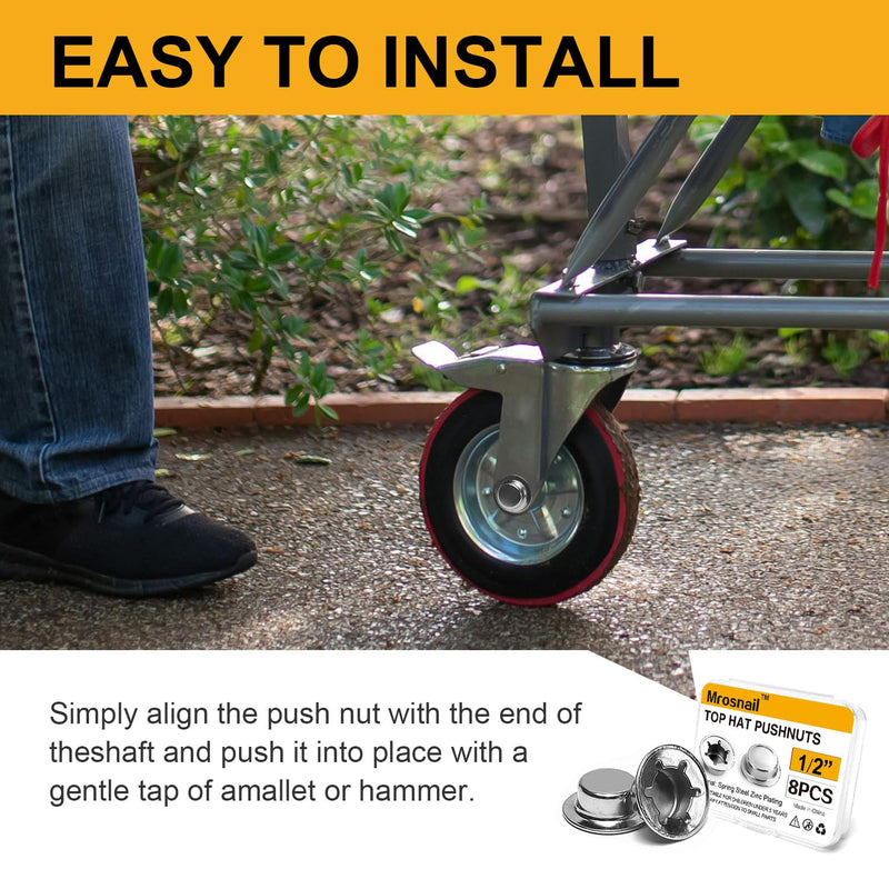 8PCS 1/2” Push Nuts Axle Cap, Push on Pushnut Spring Steel Permanent Washer Caps with Zinc Mech Finish for Hand Trucks, Rolling Bins, Lawn Wagons – Reliable Alternative to Cotter Pins 8pcs 1/2“