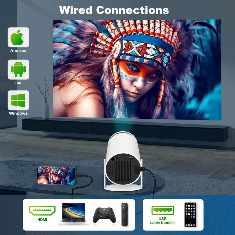 Mini Projector, HY300 PRO Portable Projector, Support 4K 1080P with Dual-Band WIFI6 5G Wireless 5.0 Bluetooth Android 11, 180° Rotatable, Auto Keystone Correction, 35"-130" Screen Video Projector HY300PRO-A