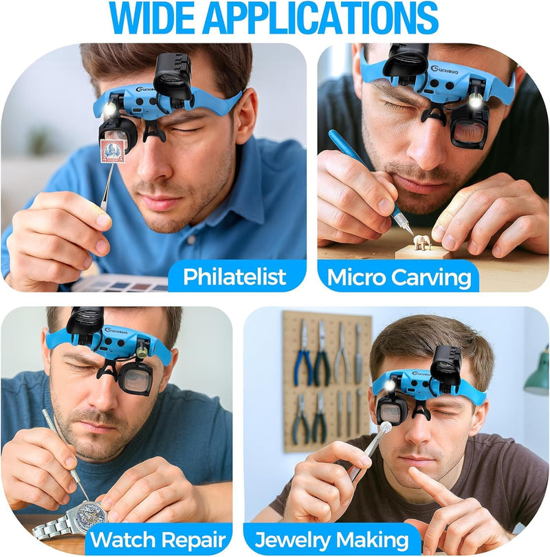 Magnifying Glass with Light, 2X 4X 6X 10X 13X Magnifying Glasses Lens, Switchable Binoculus Loupe w/Storage Case, Rechargeable Head Mount Magnifier for Close Work Watch Repair Crafts Jewelry Blue