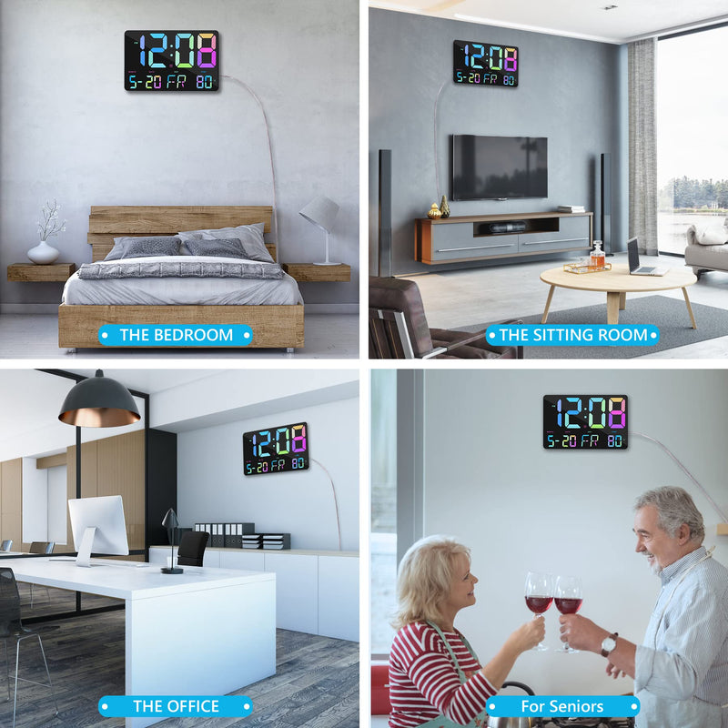 Amgico Digital Alarm Clock with Snooze, Temperature, Auto Dimming, 11.5" Large Display Calendar, Desk/Wall Clock for Bedroom, Living Room, Office, Home, Classroom,Elderly - Rainbow Black-a Rainbow