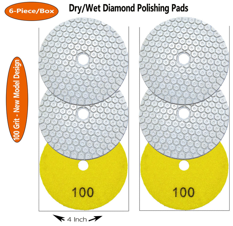 4 Inch New Model Dry Diamond Polishing Pads Grit 100, 1 Box of 6 Piece Dry/Wet Marble Buffing Pad for Granite Quartz Concrete Stones(Need Water for Hard Tile) 4 Inch Yellow,100