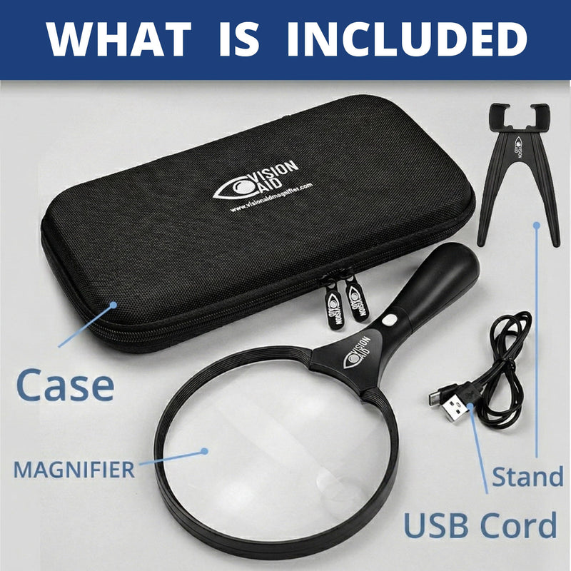 Large 5.5" Magnifying Glass with LED Light (USB Rechargeable) and Hard Case — 3.0X Handheld Illuminated Magnifier Loupe for Reading, Low Vision, Jewelry, Coins, Hobbies, Fine Print. 5.5 inches