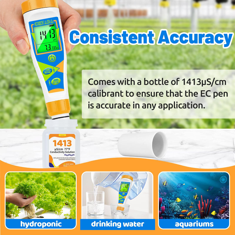 Digital pH Tester for Water pH EC PPM Meter for Hydroponics Nutrients with 1413μs/cm Calibration Solution pH Conductivity TDS Temperature Monitor Meter for Indoor Plant, Pool, Drinking Water EC Meter with Calibration Fluid