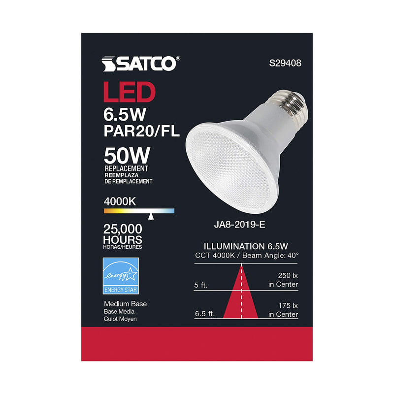 Satco 6.5 Watt 120 Volt PAR20 LED Reflector Light Bulbs; 4000K Cool White; 520 Lumen; 40 Deg. Beam Angle; E26 Medium Base Dimmable Wet Location (6 Light Bulbs)