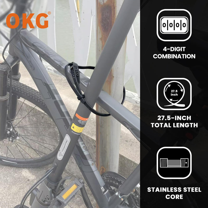 OKG Zip Tie Combination Lock - 2.3 Foot Extended Stainless Steel Adjustable Cable Lock with Anti-Scratch Protection- Secure Bikes, Helmets, Skis, Kayak, Luggage, and Fence Gate Doors (Black)
