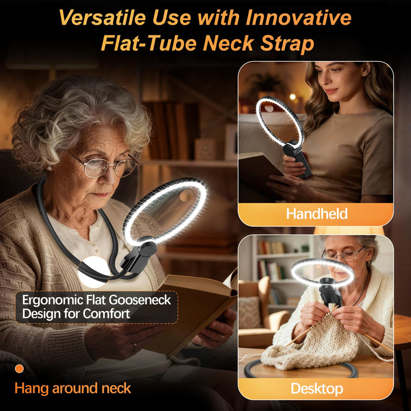 Hands Free Magnifying Glass with Light, 2500mAh Flat Strap Neck Magnifier with LED Display & 3 Color Light, 5X 15X Lighted Magnifying Glasses for Crafts Cross Stitch Sewing Reading, Low Vision Seniors