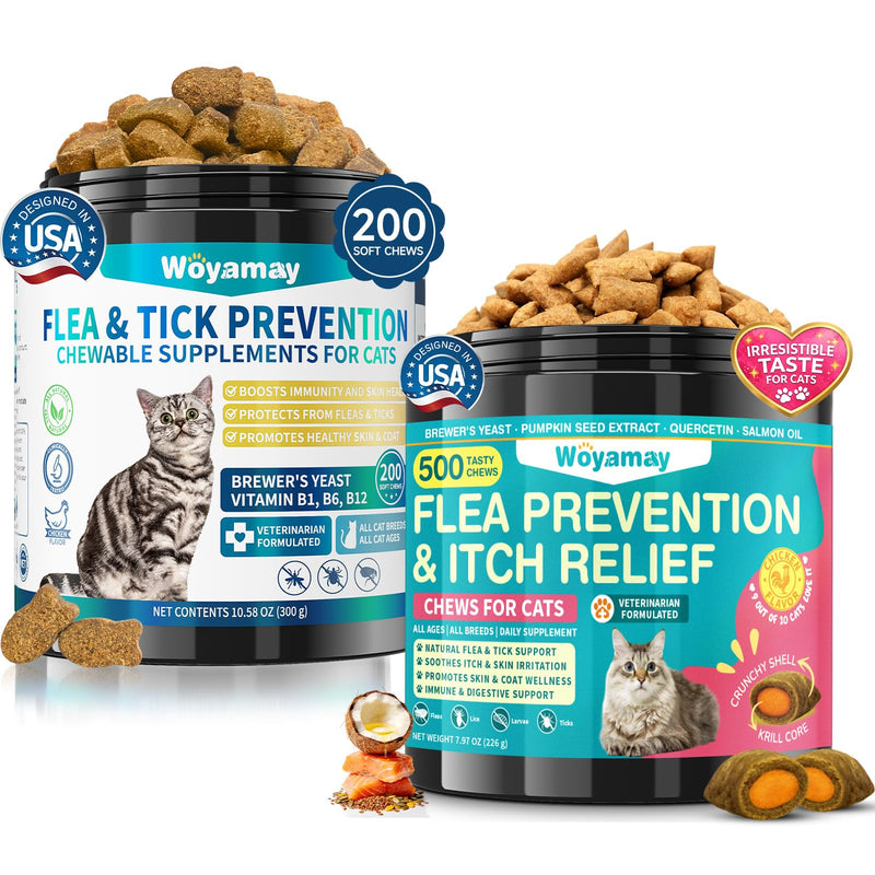 Woyamay Cat Flea Care Bundle – Flea Prevention Soft Chews + Flea & Itch Relief Crunchy Chews, Skin, Coat, Gut & Immune Support, Daily Oral Flea Treatment for Cats