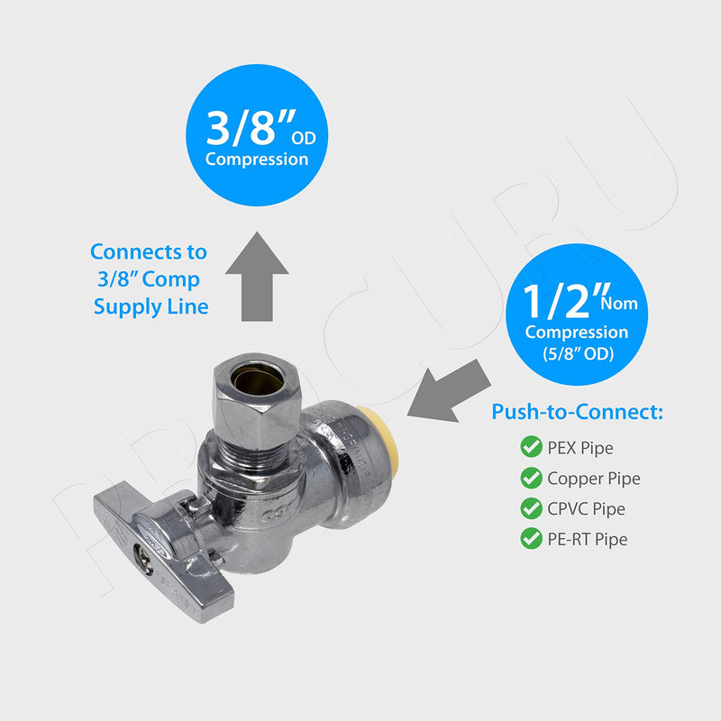 10-Pack PushFit Angle Stop Valve 1/2" Nom x 3/8" OD Comp, Quarter-Turn Push-to-Connect Brass Shutoff Valve for Copper, PEX, CPVC, PE-RT, HDPE Pipes (8X8012-11T) 10