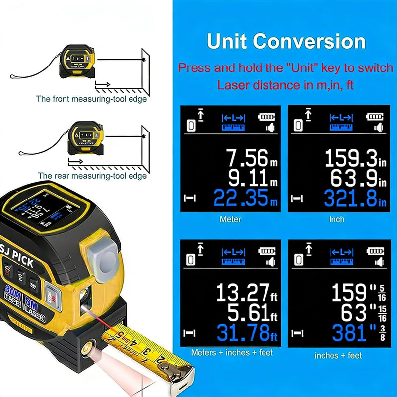 Voice Intelligent Tools Tape Measure 3-in-1 Laser Digital Measuring Tape Ruler-LCD Backlight 5M/16Ft Tape & Laser 80m/262Ft Rangefinder,Crosshairs Markings,Data Storage (Yellow, 80m/262ft) Yellow