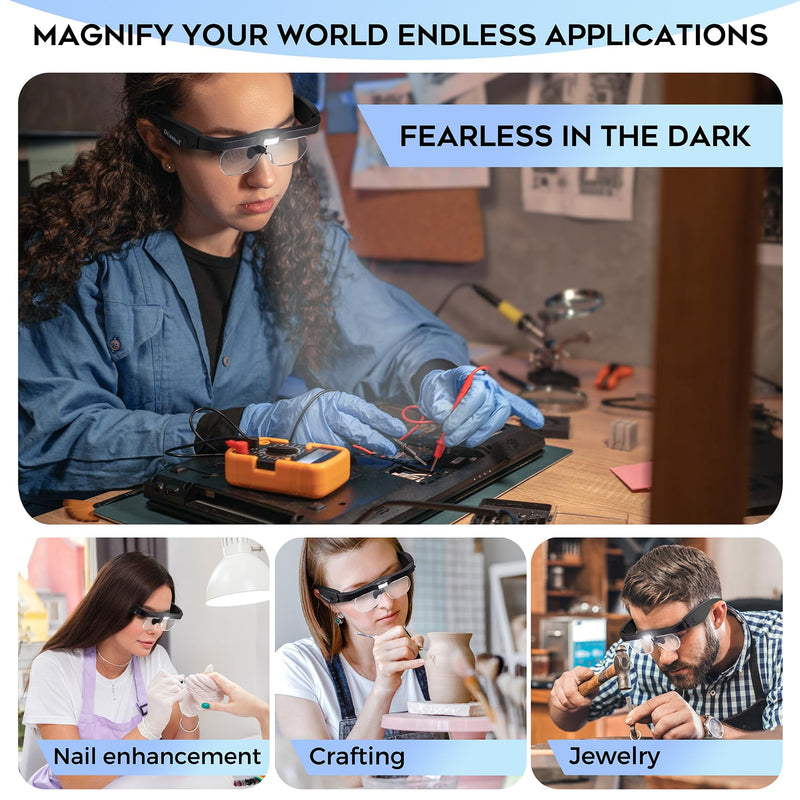 Magnifying Glass with Light 1.5X to 5.0X, Rechargeable Magnifying Glasses Head Magnifier, Lighted Magnify Glass with 4 Detachable Lenses, Magnifier Headset for Close Work Hobbies Jewelry Black