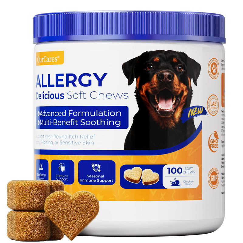 Dog Allergy Chews, Allergy Immune Support for Dogs, Seasonal Allergies Support, Dog Itching Skin Hot Spots Help Relief with Probiotics Turmeric Colostrum Omega-3, Chicken Flavor, 100Ct 100 count