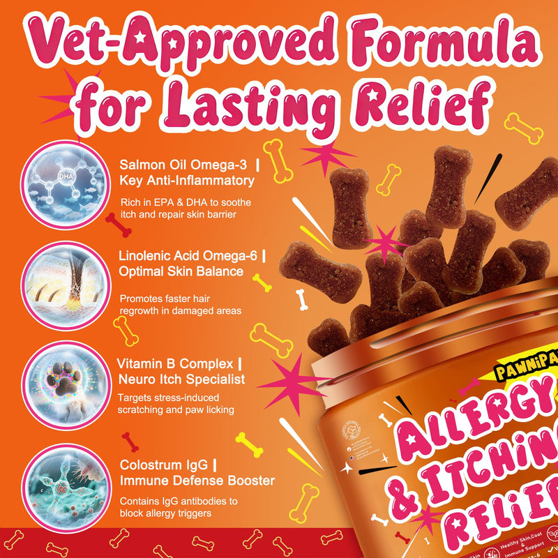 Dog Allergy Itch Relief Chews - Salmon Oil Omega-3, Omega-6, Vitamin B1/B2/B6, Colostrum Probiotics Supplement for Seasonal Allergy, Itch, Hot Spots, Paw Licking, Scratching, 200 Soft Chews