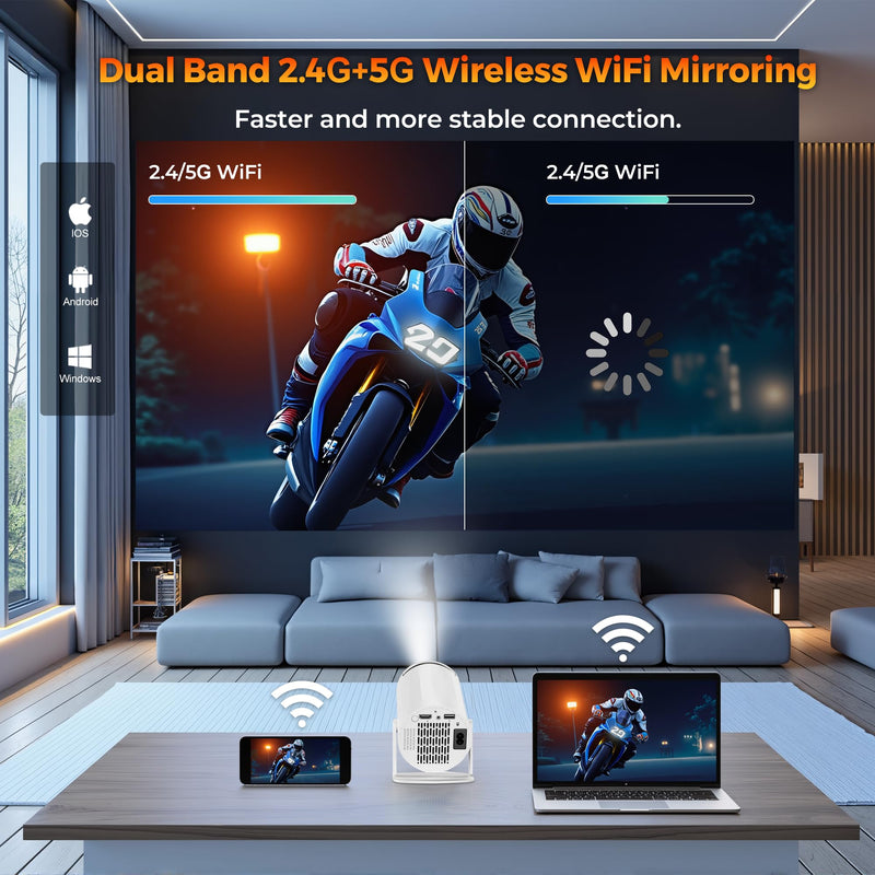 Mini Projector with WiFi and Bluetooth, Portable Movie Projector Support 4K, Auto Keystone,210° Rotation, 130'' Screen Smart Projector Compatible with HDMI Phone TV Stick for Bedroom Outdoor B-X8