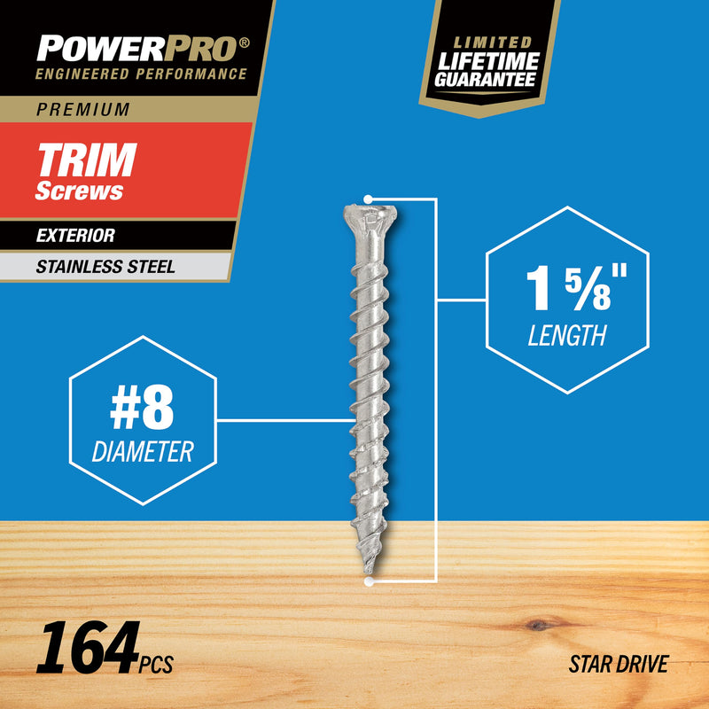 Power Pro Premium 305 Stainless Steel Trim Screws (#8 x 1-5/8") - 1lb Box