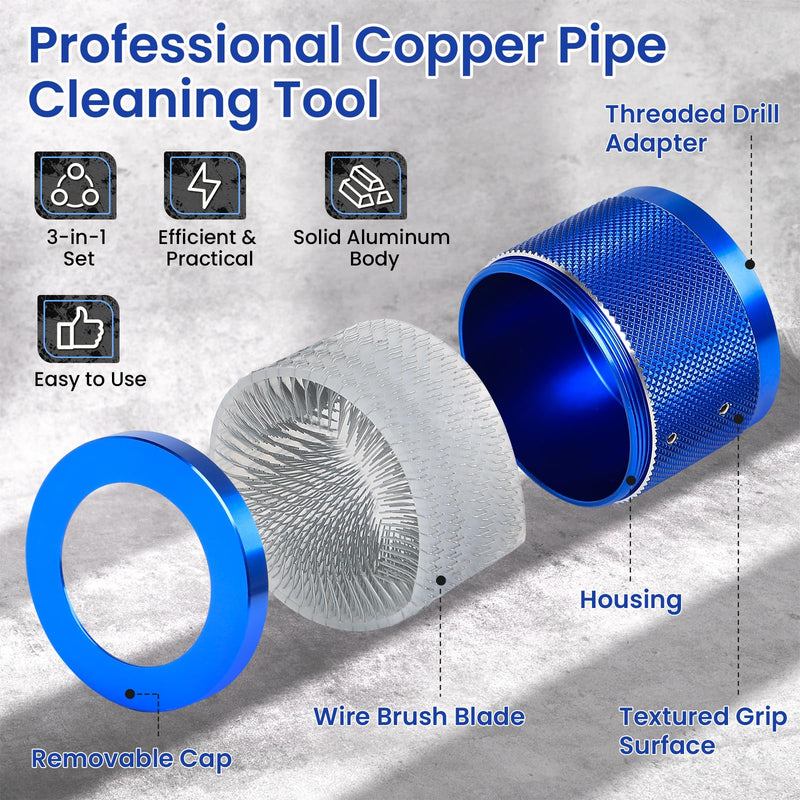 Copper Pipe Cleaner Set, Fits 1”, 3/4”, 1/2” Copper, Iron & Aluminum Pipes, Handheld or Drill Compatible, Metal Tube Cleaning Brushes with Replaceable Blades