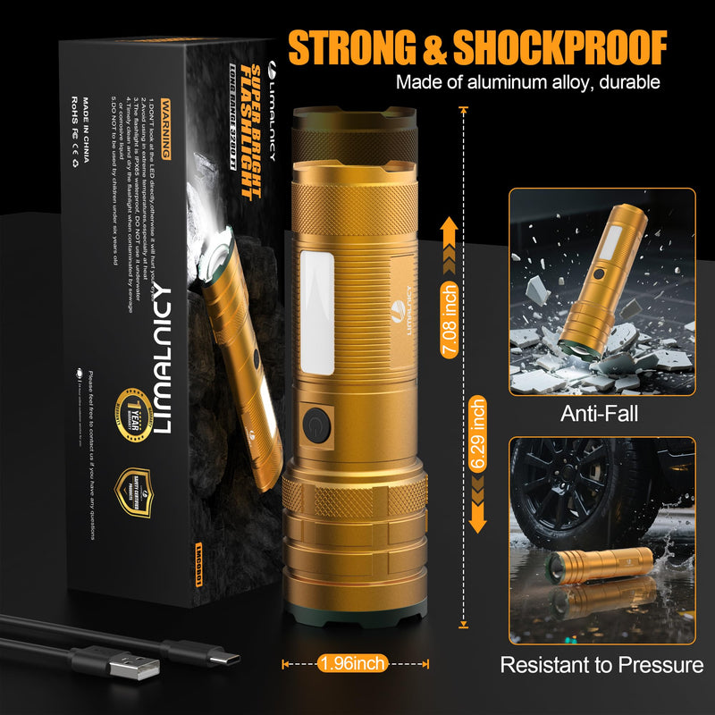 Rechargeable Flashlights High Lumens 100,000 Long Lasting, 4 Modes with Side COB Light, Super Bright LED Flashlight USB C Input & Output, Powerful Strong Flash Light for Hiking Camping 1 Pack
