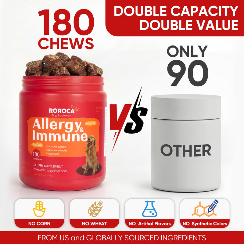 Dog Allergy Relief Chews – Anti Itch & Skin Support for Dogs, Stops Scratching, Paw Licking & Hot Spots, Probiotics for Gut & Immune Health, Chicken Flavor, 180 Soft Chews Light Brown