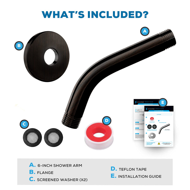 SparkPod 6 Inch Shower Arm with Flange - Solid Stainless Steel Shower Head Extension Arm - Wall-Mounted for Fixed & Handheld Showerheads - Teflon Tape Included (Standard 6", Vintage Oil-Rubbed Bronze) 6" Shower Arm Vintage Oil-Rubbed Bronze - 6 Inch