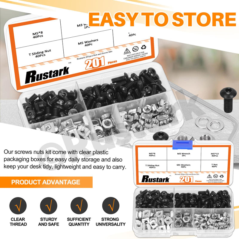 201Pcs 2 Sizes Black M5 T-Nuts Screws Assortment Kit Hammer Head T-Slot Nut T Nut and Screw Kits T Nuts Screws T Slot Nut Head Fastener T Sliding Screw Stud for 2020 Series Aluminum Extrusion