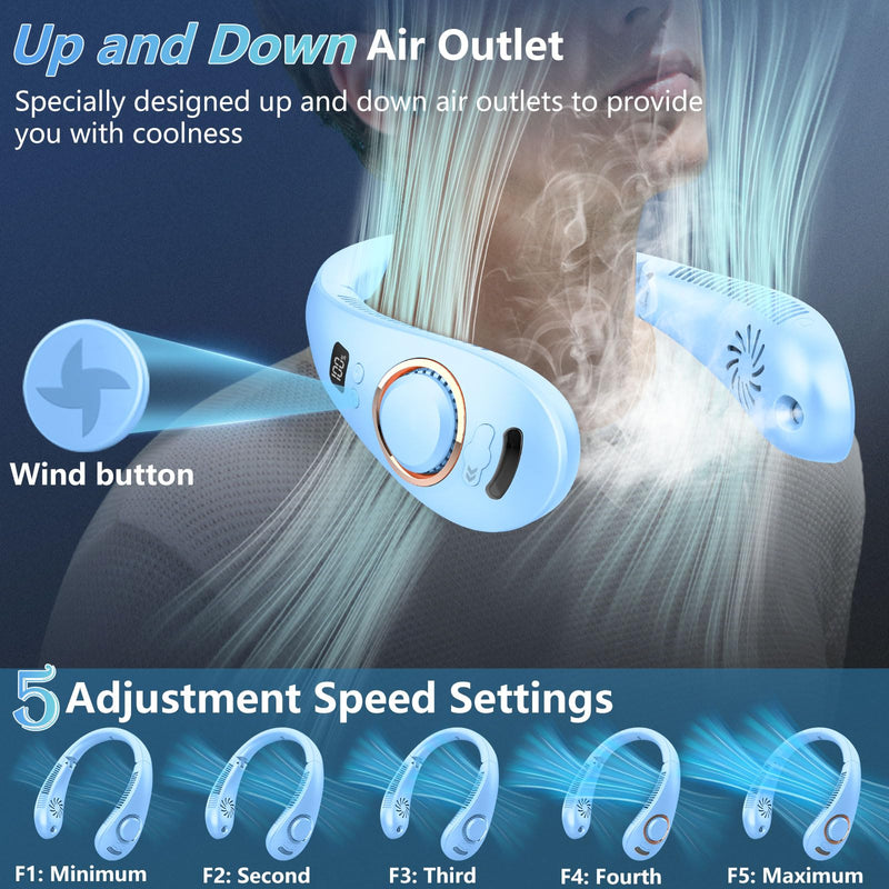 Neck Fans Portable Rechargeable-Foldaway Neck Fan with Mist,Personal Fan for Neck Wearable Hanging around,Cordless Neck Coolers for Female Male Kids Dad Mom Extremely Hot Weather Indoor Outdoor Blue