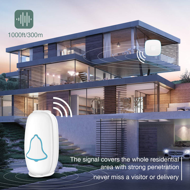 BO YING Wireless Doorbell, Bo Ying Waterproof Door Bell with 38 Melodies and Led Flash, Easy Install, 1000-Foot Range,1 Push Button & 1 Receiver, White