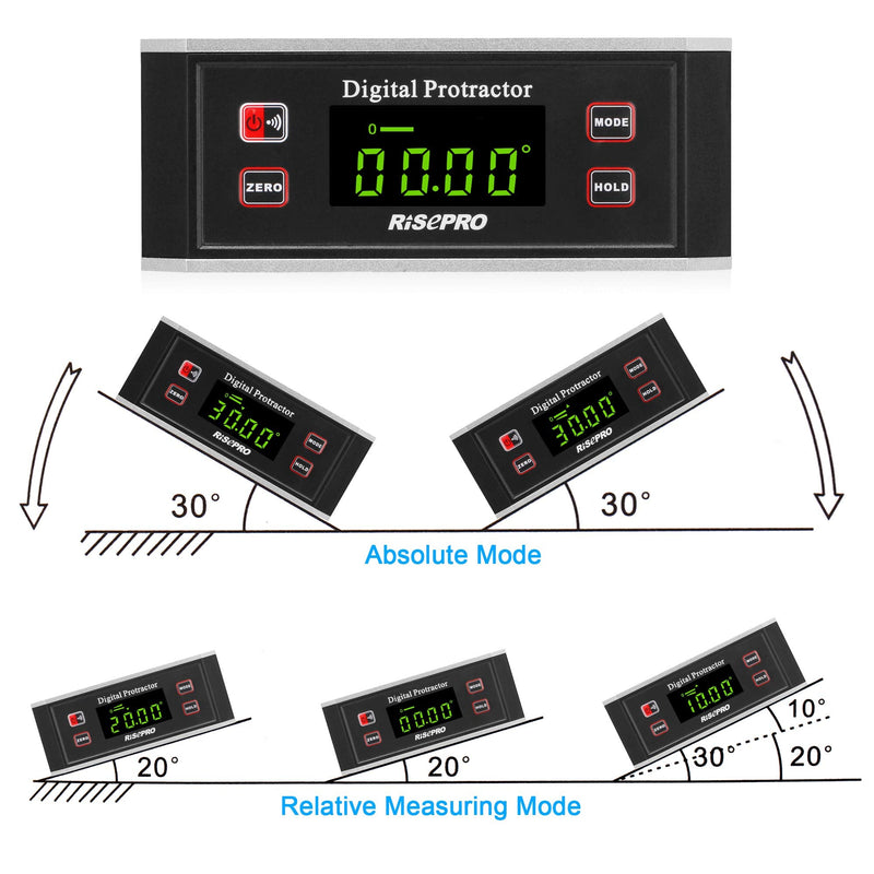 Inclinometer, RISEPRO® Digital Protractor Angle Finder Level Inclinometer Magnetic V-Groove 0~360 degree with Backlight 82413B