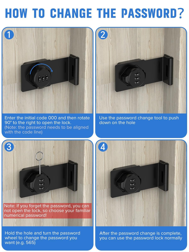 Cabinet Password Hasp Locks, 90 Degree Barn Door Lock, Household Security Combination Latch Lock for Locker, Fence, Bathroom, Outdoor, Garden (Black-2PCS) Black-2PCS