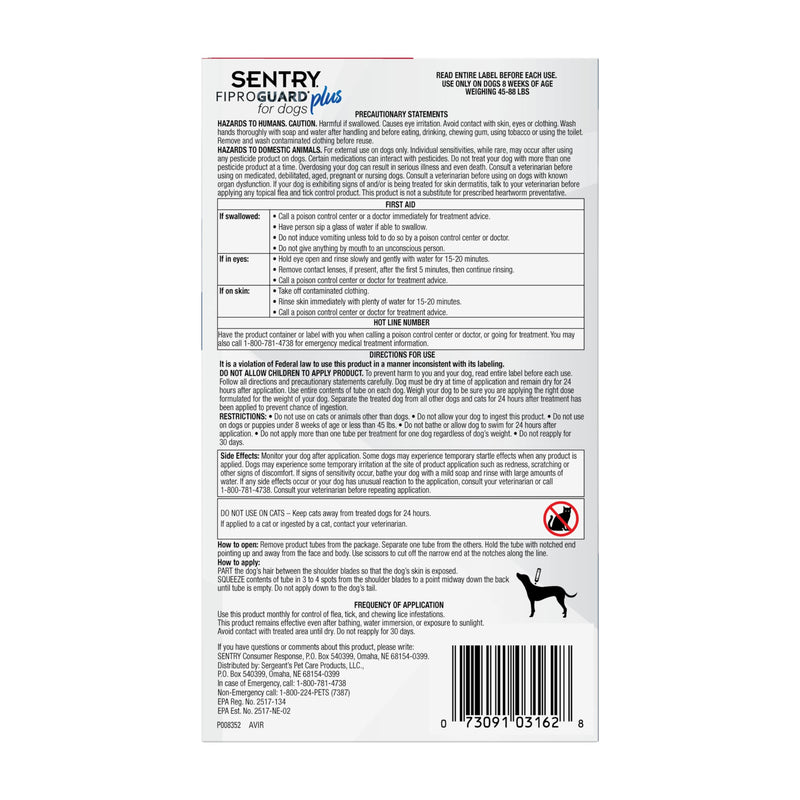Sentry Fiproguard Plus for Dogs, Flea and Tick Prevention for Dogs (45-88 Pounds), Includes 3 Month Supply of Topical Flea Treatments