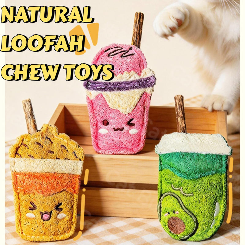 Natural Loofah Chew Cat Toys Janpanese Style, Dental Care Silvervine Sticks for Indoor Cats and Kittens, Milk Tea Cup-Shaped Catnip Treat Toys (Brown) Brown