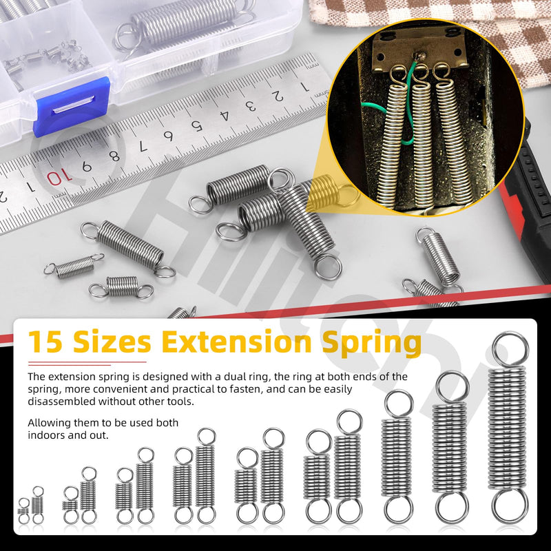 Hilitchi 96Pcs 15 Sizes Extension Spring Assortment Kit Extension Spring Stainless Steel Springs Assorted Size Small Springs Compression Tension Springs for Repairs Maintenance 96