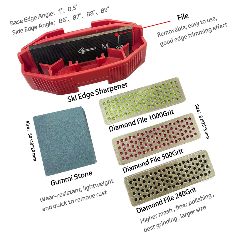 Snowboard Ski Edge Bevel Tuning ski Wax kit，Snowboard Tool，ski Edge Sharpener Tuner Side Ski Angle Tool & Diamonds & Gummi Stone (Tool+Diamonds + Gummi Stone) Red