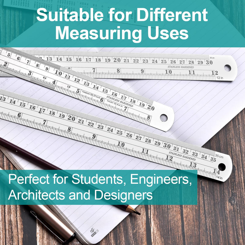 Metal Rulers, Steel Rulers Pack of 4, 6, 8, 12, 14-inch Stainless Steel Ruler