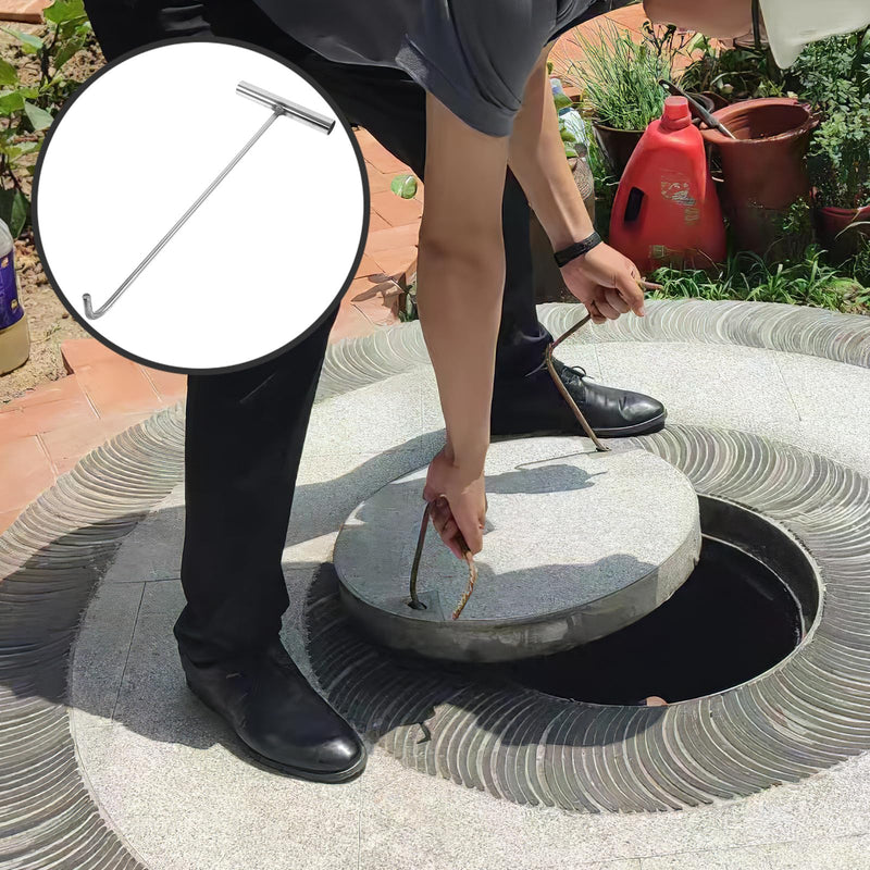 GANAZONO Stainless Steel Manhole Cover Hook Metal T-Hook Storm Drain Cover Hooks Tool Hooks Drain Cover Lifting Hooks Rolling Door Hook 38X16.2CM